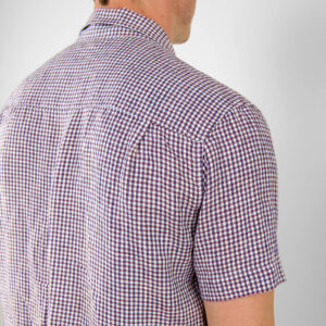 blue-violet checked linen men's shirt, short sleeves