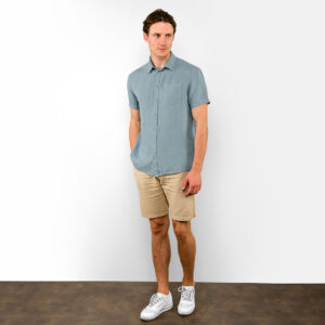 Aqua-blue linen men's shirt, full view