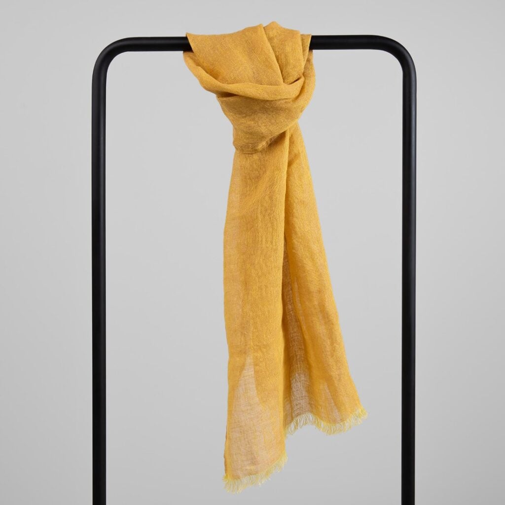 Yellow brown linen shawl with fringe