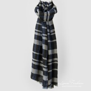 Checked pure linen blue shawl