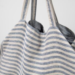 blue striped linen bag with hand;les