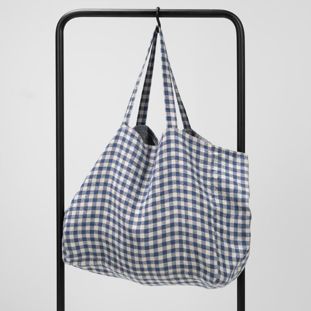 blue checked linen bag
