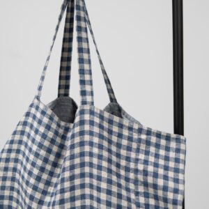 blue checked linen bag with handles