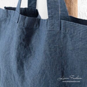 Grey blue narrow striped linen bag