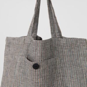 Multicolour checked linen tote bag with button
