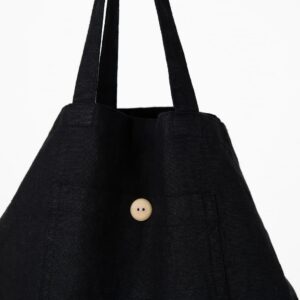 Black linen tote bag with button
