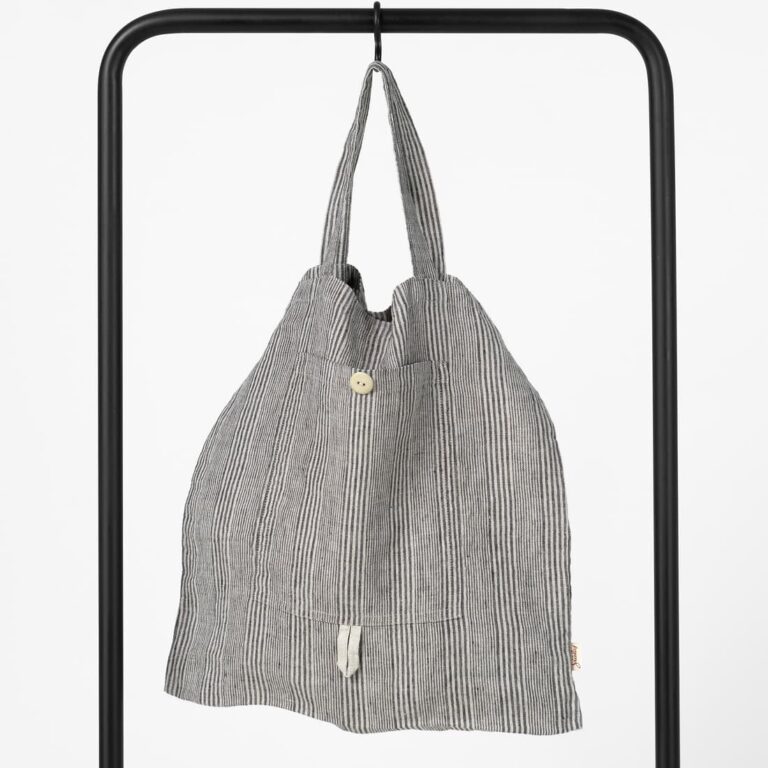 Grey striped linen tote bag