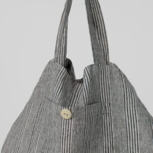 Grey striped linen tote bag with button