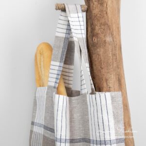 100% linen bag with blue and grey checks.