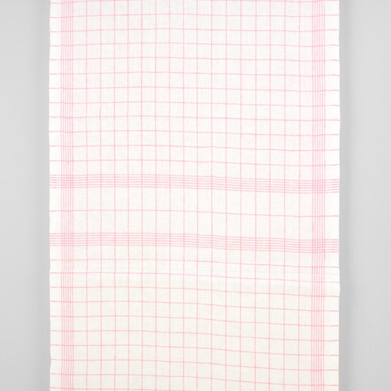 Narrow linen fabric off-white with bright pink checks