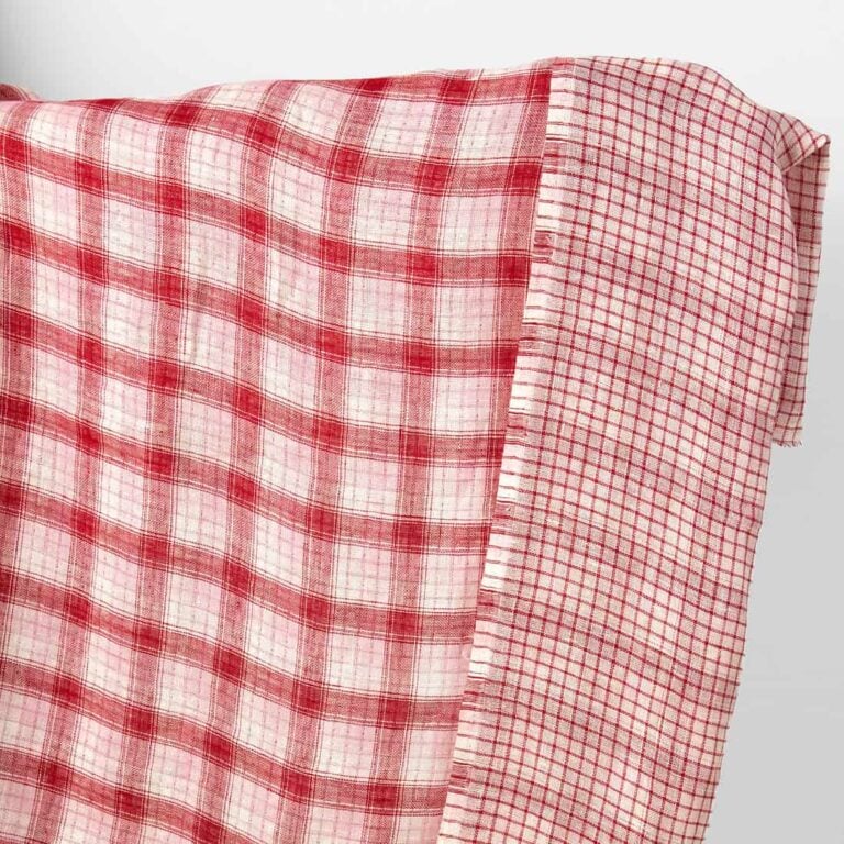 Linen fabric red, pink, cream double-sided checks